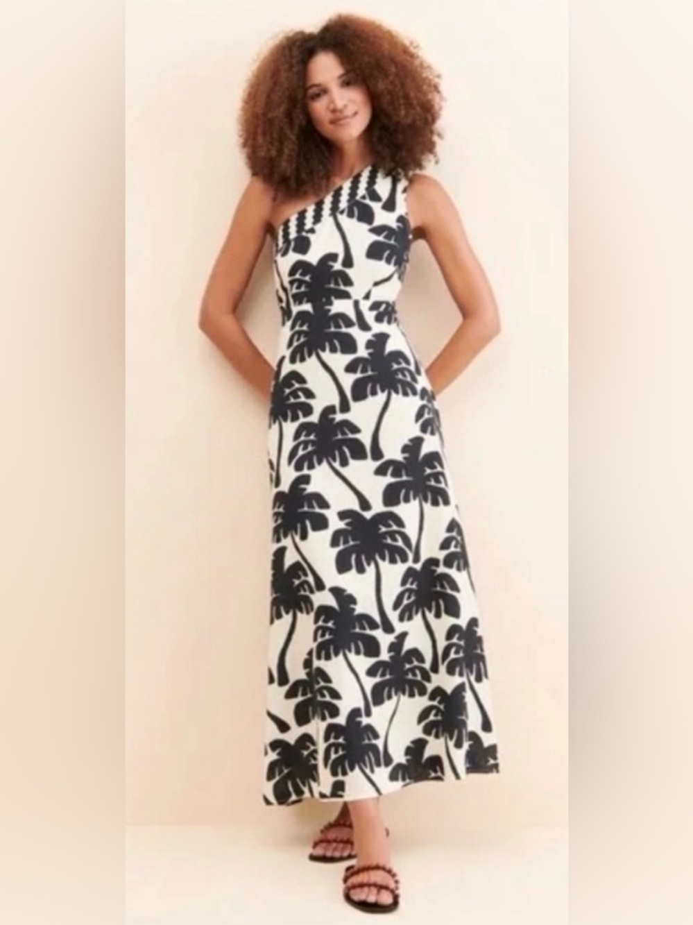 FARM Rio x Anthropologie One Shoulder Palm Tree Linen Maxi Dress S